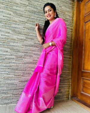 Madhumitha H Instagram - I just wanted to look pretty in pink.
Saree by - @shree_roopacollections 

#saree #pinksaree #lovely #staycute #traditional #smile