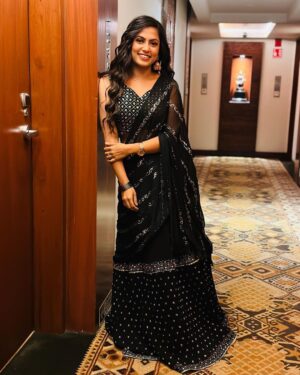 Madhumitha H Instagram - My soul speaking colour 🖤💫
.
Hairstyle - @mahesh_hairstylist 

#beyou #blacklove #lehenga #soulcolours #smile  #pose #curlyhair #curls