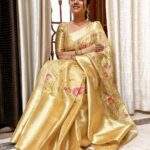 Mahalakshmi Shankar Instagram - Attractive pure kora tusser fabric with designer embroidery all over saree and weaving Kanchi border from @chinnam_collections Beautiful blouse designed and stitched by @anora_artstudio Hair stylist @jenifer_hair_stylist_official