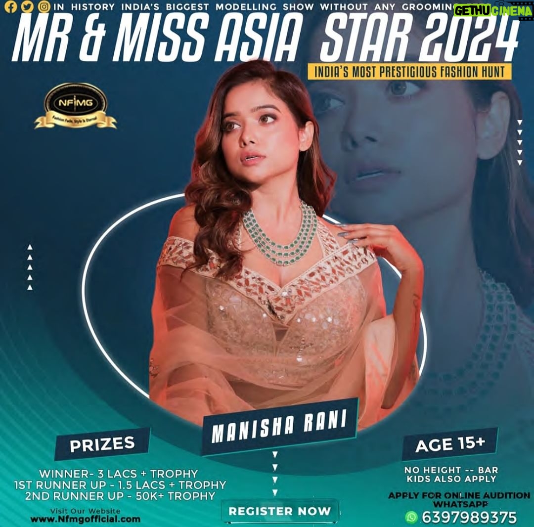 Manisha Rani Instagram - MR & MISS ASIA STAR 2024. (India’s biggest Modelling show without any grooming fees ) only Reg. Auditions are online only send 4 pics & details whtsapp at 6397989375 Name Age Height City Winners will get 3 lac cash prize + trophy & contract 1st Runnerup 1.5 lac cash prize 2nd Runnerup 50k cash prize Age 15+ to 32 Kids also apply No height bar Show by @nfmg.official Show Director @gauravrana7933 Co-organise @r3_official_ More info 6397989375