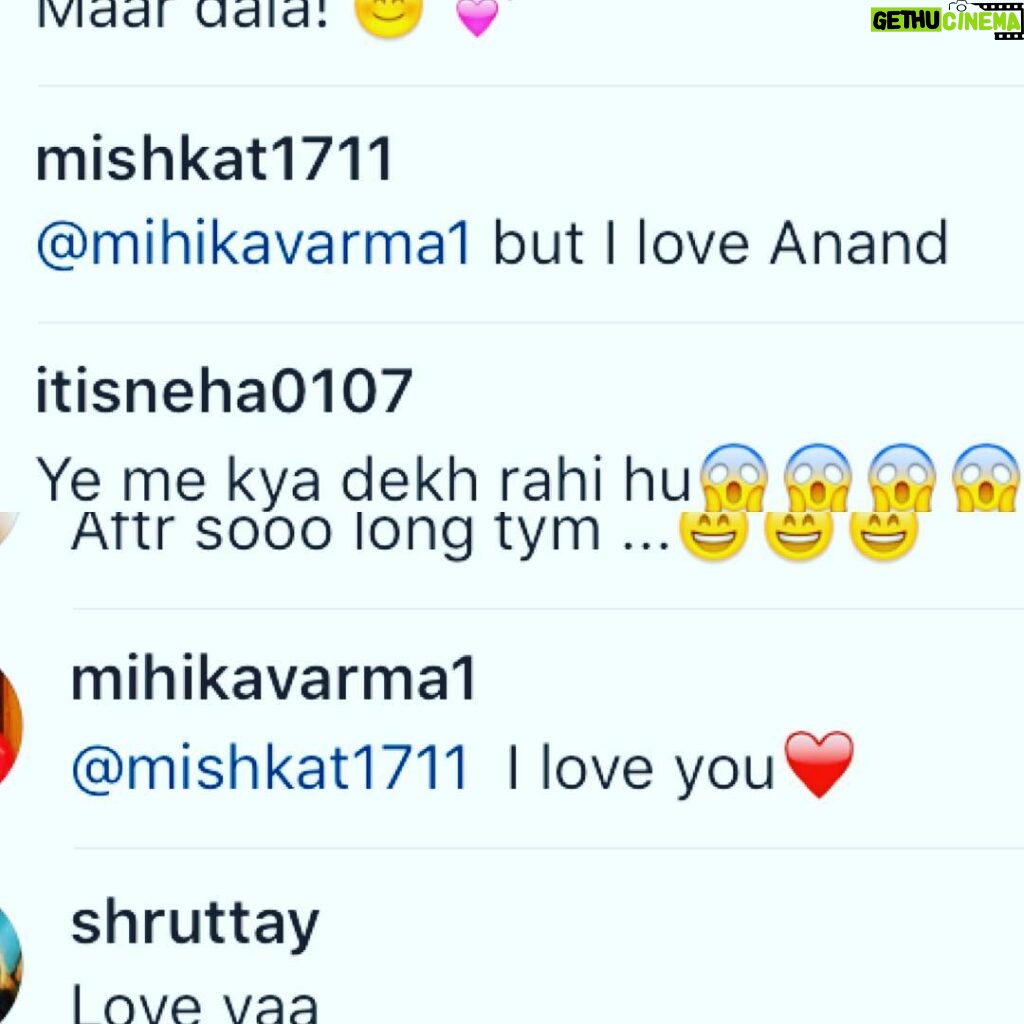 Mihika Verma Instagram - Obsessive compulsive need to trouble me!!!! @mishkat1711 😀😘😘I miss u my baby lotsssss...lotsssss...lotssss and I'll use all your tactics to trouble Anand 😎😆😉