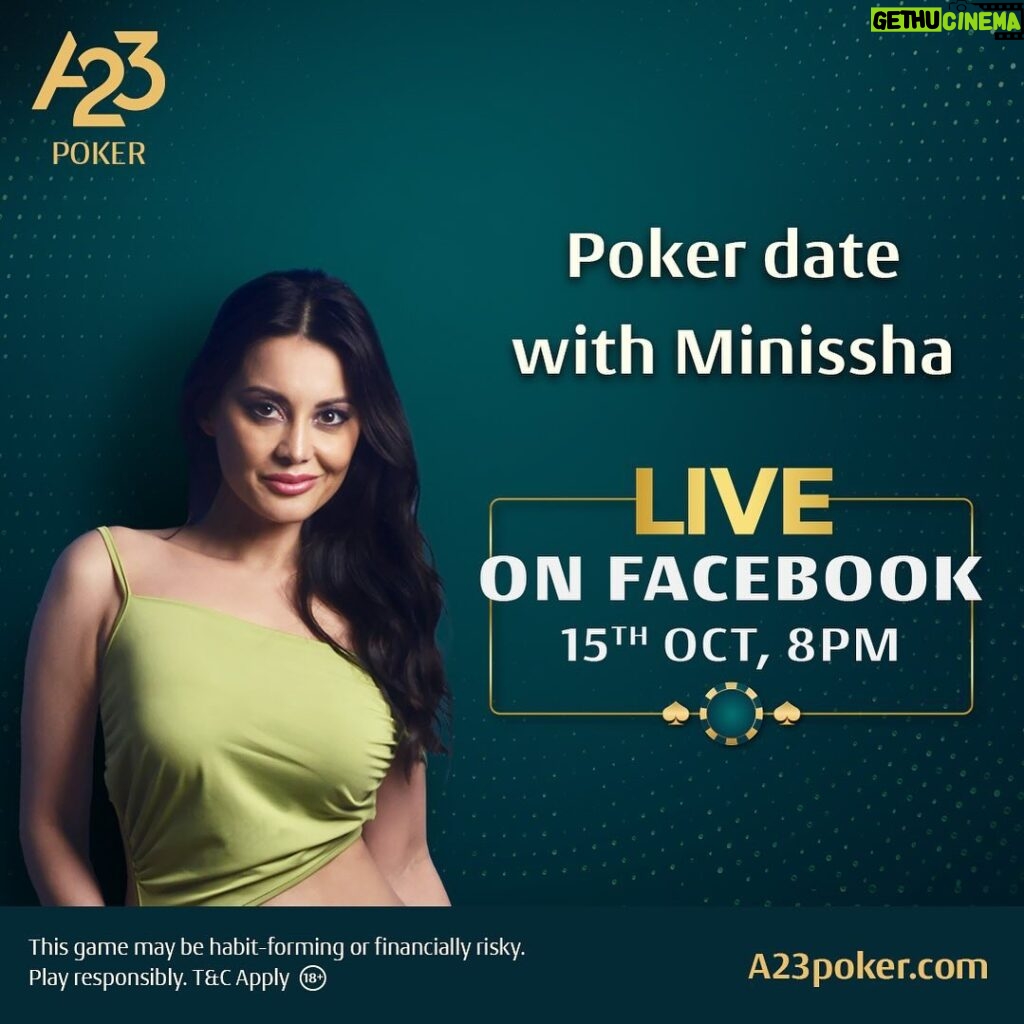 Minissha Lamba Instagram - Join Minissha Lamba live on her Facebook page at 8 PM for a thrilling evening of A23Poker! Don't miss out on the fun, excitement, and expert poker skills. #A23 #A23Poker #PokerNights @minissha_lamba