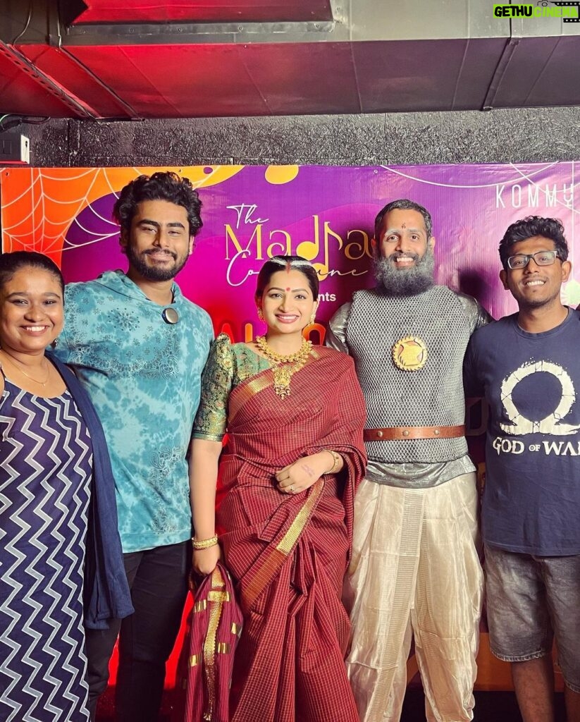 Nakshathra Nagesh Instagram - The first time Raghav and I dressed up for a costume party, and we went as #katappa and #rajamathasivagamidevi 🤓 Thank you @themadrascommune for organizing something so cool in Chennai. #kollywoodhalloween