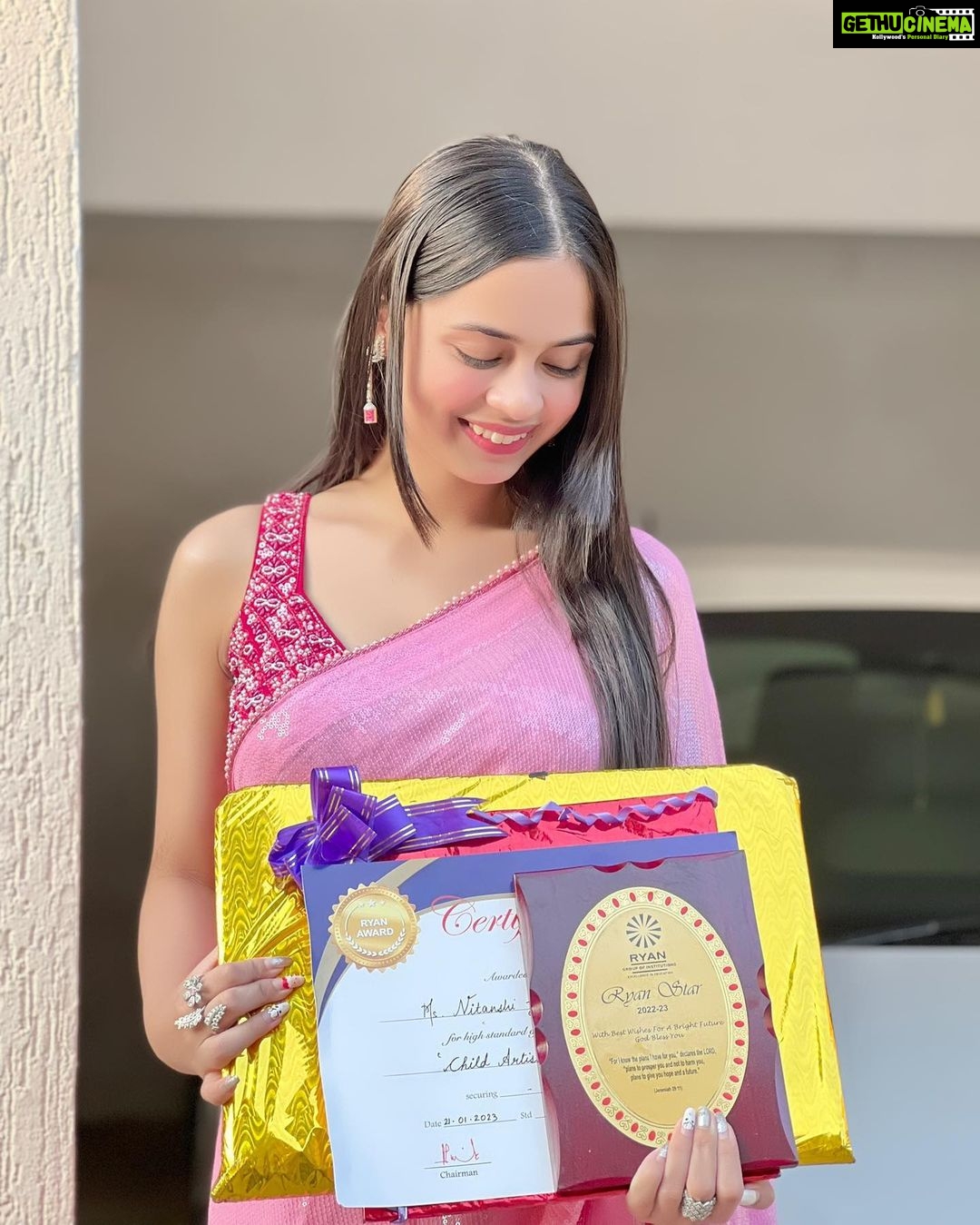 Nitanshi Goel Instagram - Your Nitz won ‘Ryan Star Of The Year Award⭐️’ So happy and Thankful🙏🏻 Spot me in 4th and 5th pic😍 Amazing Farewell with my friends♥️ . Outfit @the_adhya_designer ♥️ #RyanStar #Ryanite #proudmoment #farewell #10thfarewell #schoolfarewell #nitanshigoel #nitanshians Ryan International school