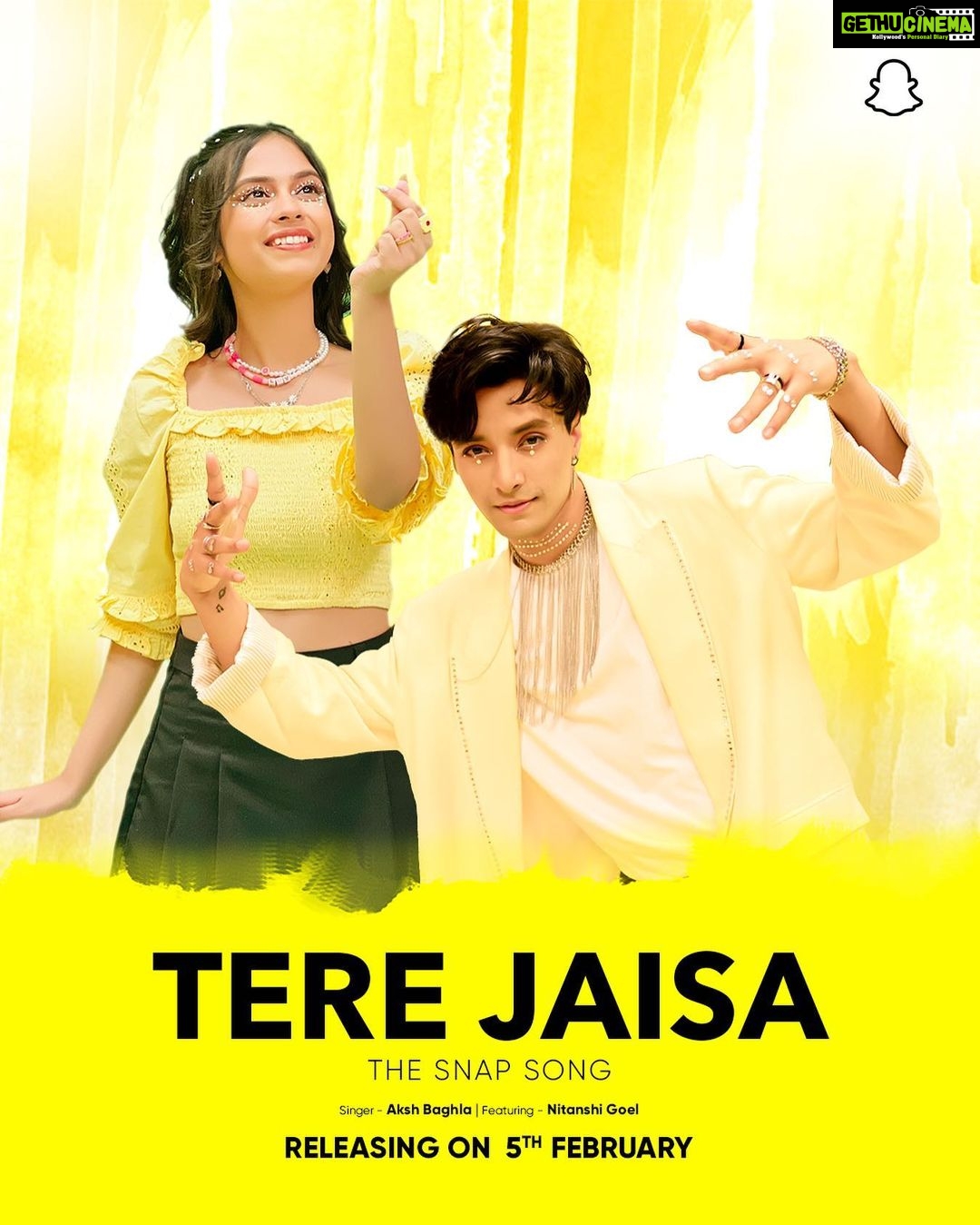 Nitanshi Goel Instagram - Surpriseee! Presenting the poster of my new music video which is for SNAPCHAT ๐๐ฅณ Letโs see if you guys can guess my look ๐๐ซฃ TERE JAISA : The Snap song๐ Starring - @akshbaghla @nitanshigoelofficial ๐ Singer - @akshbaghla Feat. Aoora Cast - @theakashthapa @tusharshetty95 @snehaa6943 @ardra__unni @harsh_dingwanii @anshkukreja_01 @noorinsha @hitikasachdv Choreography @tusharshetty95 @rachna.wcp @swainsatyajit @vedantfilmms @vermaragini @intercutstudio @vectormob @rohittpuri #terejaisa #snapsong #musicvideo #valentinesday #kpop #trending #Nitz #nitanshigoel #nitanshians Snapchat