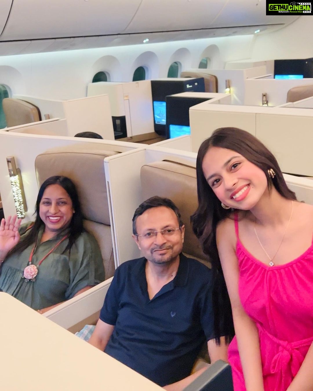 Nitanshi Goel Instagram - "Celebrating my parents' first-ever business class flight with a grateful heart!♥️✨ Last time, I felt a bit sad to see my parents in the economy class while I was in luxury! But that only fueled my desire to work harder and make their dreams come true. They have always worked hard to fulfill mine, and now it's my turn to do the same for them! Here's to many more comfortable journeys together ✈️ Love you @nitingoeljii daddy😘 @rashigoelofficial mumma😘 Also Spot one of my fav actor in 5th pic♥️ #IIFAONYAS #iifa2023 #iifa #iifrocks #FamilyLove #BusinessClassDreams #nitingoel #rashigoel #nitanshigoel Etihad Airways Business Class