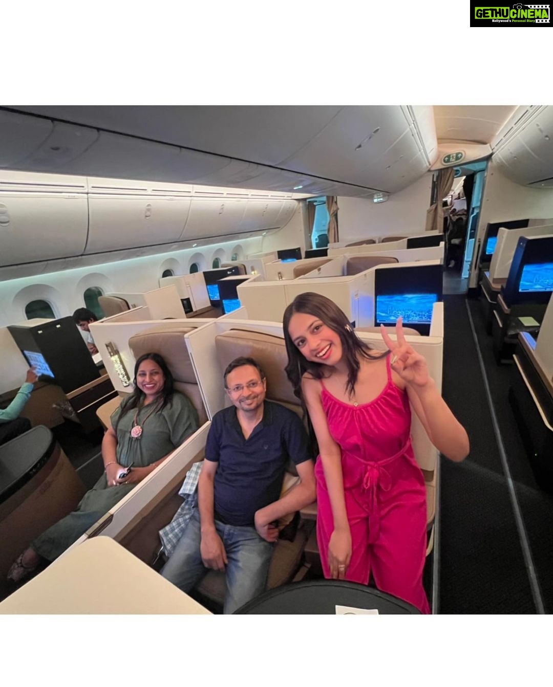 Nitanshi Goel Instagram - "Celebrating my parents' first-ever business class flight with a grateful heart!♥️✨ Last time, I felt a bit sad to see my parents in the economy class while I was in luxury! But that only fueled my desire to work harder and make their dreams come true. They have always worked hard to fulfill mine, and now it's my turn to do the same for them! Here's to many more comfortable journeys together ✈️ Love you @nitingoeljii daddy😘 @rashigoelofficial mumma😘 Also Spot one of my fav actor in 5th pic♥️ #IIFAONYAS #iifa2023 #iifa #iifrocks #FamilyLove #BusinessClassDreams #nitingoel #rashigoel #nitanshigoel Etihad Airways Business Class