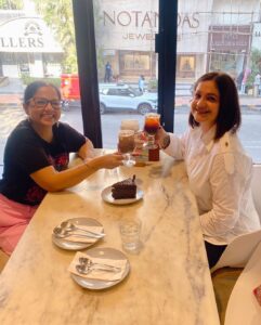 Pooja Bhatt Instagram - Celebrating 25 yrs of #Dushman with the powerhouse @tanuja__chandra I do hope with my entire being that life gives us the privilege of being back on set together. Not only with me producing your film but also someday with you directing me. Gracias @earthcafeindia for being so welcoming and sending over that delicious gluten free cake! ♥️ #womenincinema #dushman #tanujachandra #writer #director #womanaftermyownheart