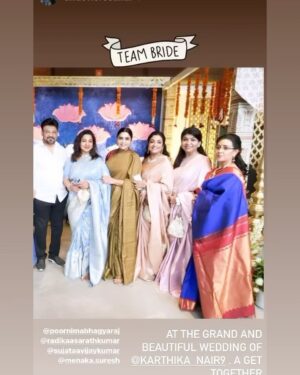 Poornima Bhagyaraj Instagram - At the wedding of @karthika_nair9 and Rohit @radhanair_r  happy and glowing . An occasion to meet our gang of friends.. the couple looked so beautiful ❤️❤️❤️