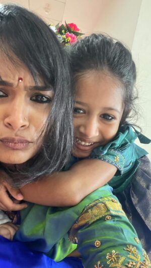 Poornitha Instagram - Today was one of my lowest days in months …. I was so lonely and I couldn’t control and started crying and Navya came to me…. I like me vulnerable to her( this is not about spoiling the mental health of a child) This taught me more about empathy and I also understand and empathy can’t really be taught  it’s just instilled in them and we just have to bring it out.... it taught me how my daughter is going to see the world .
I am damn lucky to be her mother . Navya you created@the person I am today . I LOVE YOU ❤️. #grateful #empathy #love #mentalhealthawareness #vsco
