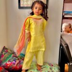 Pranitaa Pandit Instagram - Swipe Left ⬅️❤️ This Ganpati is Special for first time Anysha celebrated it with her Family & Friends .. looking beautiful wearing @klistel.official .. #indianwear #kidswear #hersmile #ganpatibappamorya #yellow&pink Marketing Partner - @outmatch.co.in