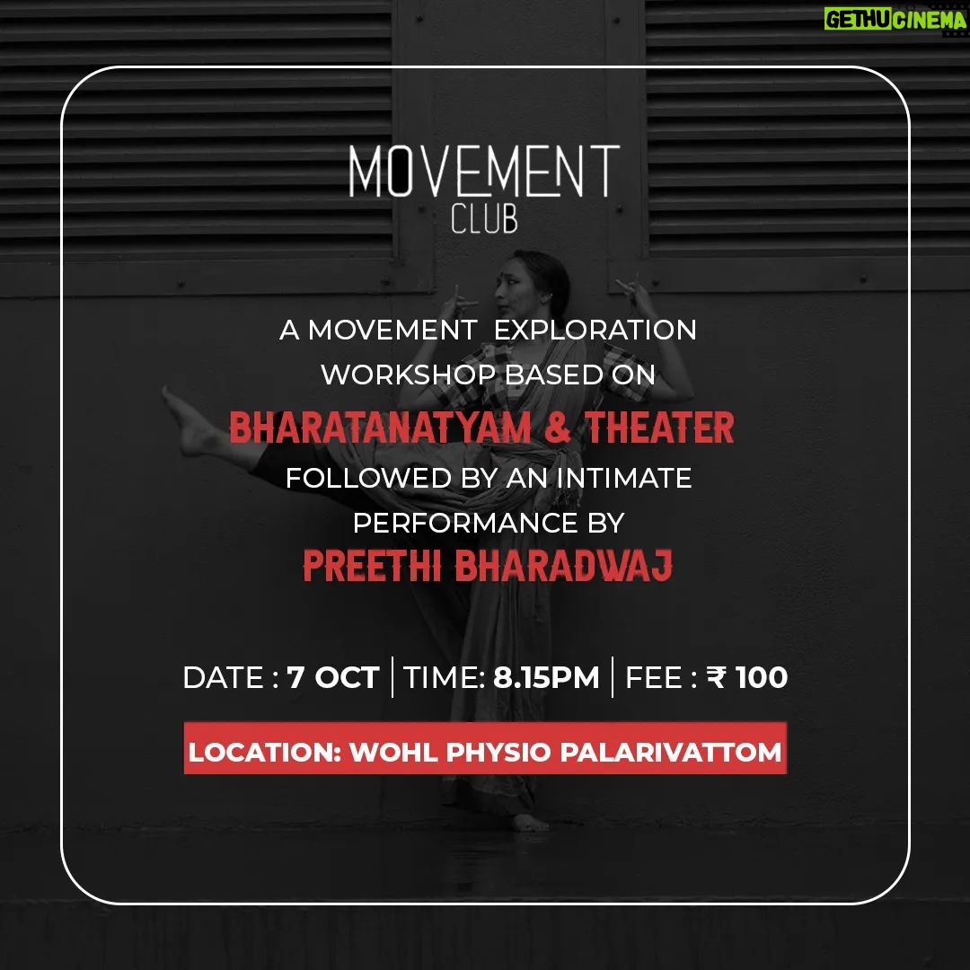 Rima Kallingal Instagram - A movement exploration workshop based on Bharatanatyam and theater followed by an intimate performance by Preethi Bharadwaj @nattumaami Date : 7 Oct, 2023 Time : 8.15 pm Location : Wohl Physio, Palarivattom Fee : Rs.750/ - . . . #bharathanatyam #kalari #conteprerorydanceclasses #danceworkshop #mamangam #rimakallingal #keraladanceworkshop #choreography #danceperformance #dance #danceschool