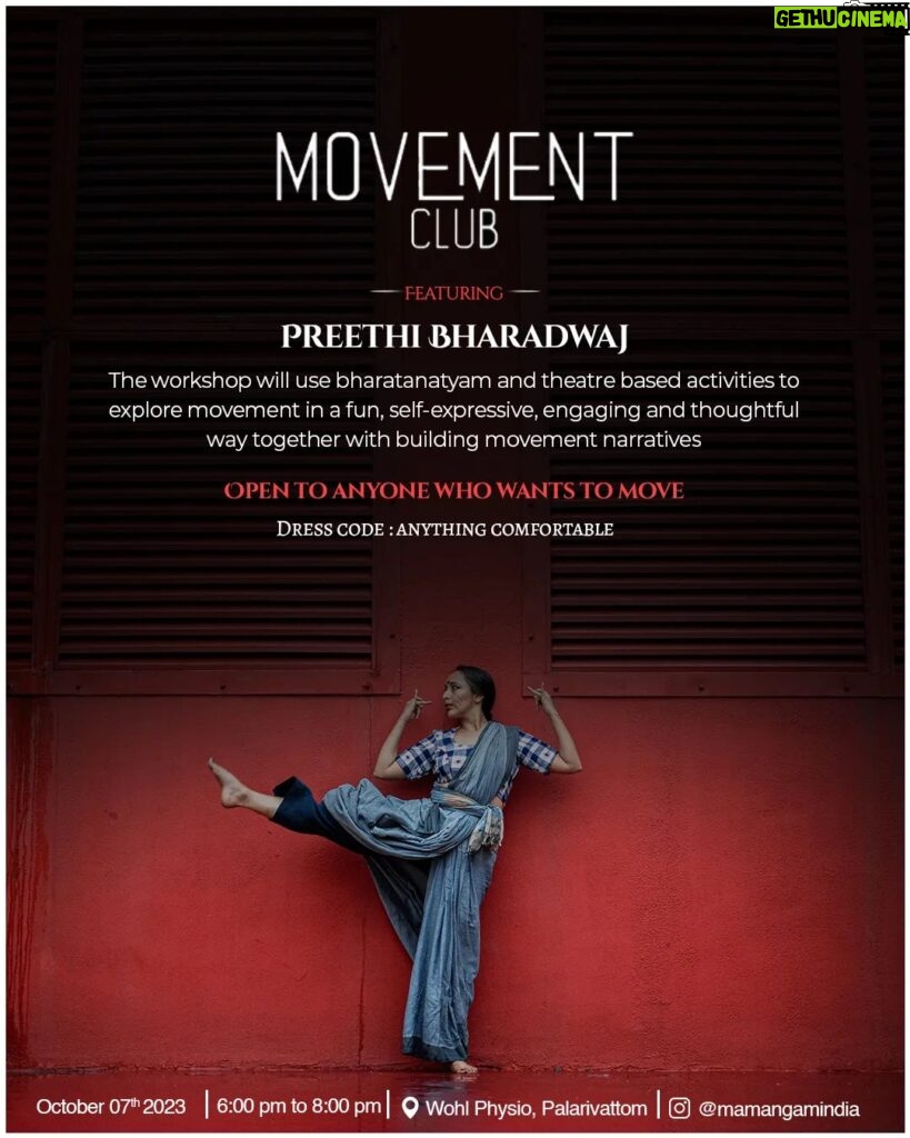 Rima Kallingal Instagram - Preethi Bharadwaj is a movement and theatre artiste based in Chennai. A well-known face in the field of classical dance, Preethi is also a teacher, performer and choreographer who engages in conversations that resonate and are relevant to the current state of Art and Classical Dance(Bharatanatyam) in particular. She constantly experiments by using Bharatanatyam and Theatre as tools to communicate ideas that question and appeal to people of all ages and backgrounds. The workshop will use bharatanatyam and theatre based movement activities to explore movement in a fun, self-expressive, engaging and thoughtful manner along with looking at building narratives through movement. Open to anyone who wants to move Dress code : anything comfortable A book, pen, water bottle Entry fees : 750 Rs is applicable