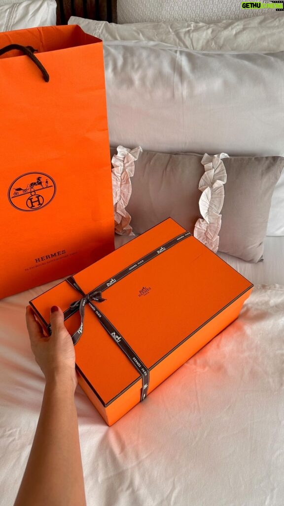 Roshni Chopra Instagram - Christmas came early 🧡 how would you style these @hermes #chypre sandals 😍 Ps - I went half a size up and they’re perfect - just incase anyone has these on their bucket list - they’re MOST comfy !! #hermesunboxing luxury unboxing