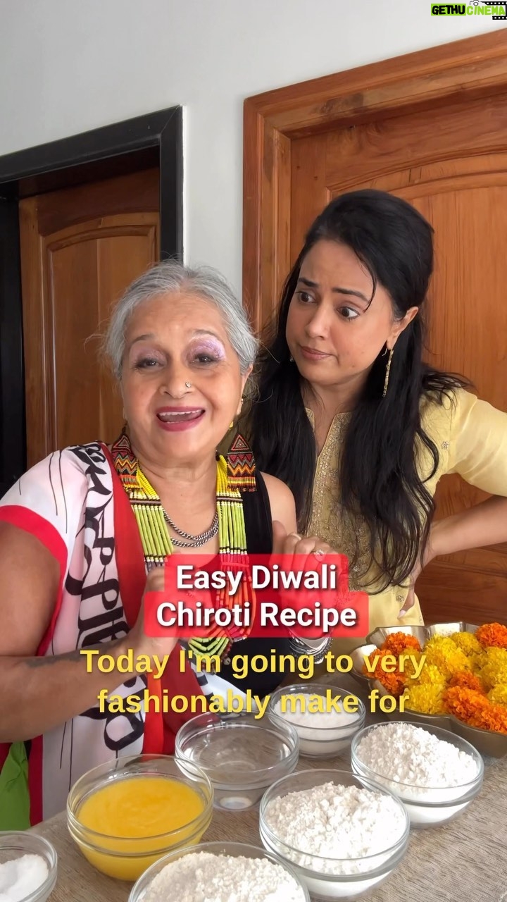 Sameera Reddy Instagram - Fashionable Fried Chiroti🤣 #happydiwali 🪔 Chiroti 3 cups maida 1 cup rava 1 cup rice atta/flour 1 cup ghee 1 tsp vanilla essence / elaichi powder 1.5 cups coarsely ground sugar A pinch salt Oil or ghee to fry. Combine maida, rava, salt, 3 tbsp ghee , vanilla essence and water and knead stiff atta. Keep aside for 20/30 minutes with a wet cloth. Knead again and make 6 balls. Roll out medium rotis. Combine rest of the ghee and rice atta. Whisk well. Place one roti on flat surface. Apply 1 tablespoon ghee/rice flour mix all over it. Place another one and apply again. Continue till all the rotis are done. Then roll into one tight, long roll. With a sharp knife, cut 3/4 inch pieces. Place each piece sideways and flatten with your fingers into a puri shape. Fry in medium hot oil or ghee. One or two at a time. Give it space and keep pouring hot oil into each centre for even cooking. Keep stirring. Once a side browns slightly, flip and fry the other side. Remove and sprinkle sugar while it is hot. You can add powdered elaichi ( if not used the vanilla essence in dough ) This stays for 15 days easily. #comedy #cooking #messymamaandsassysaasu 🤩✨