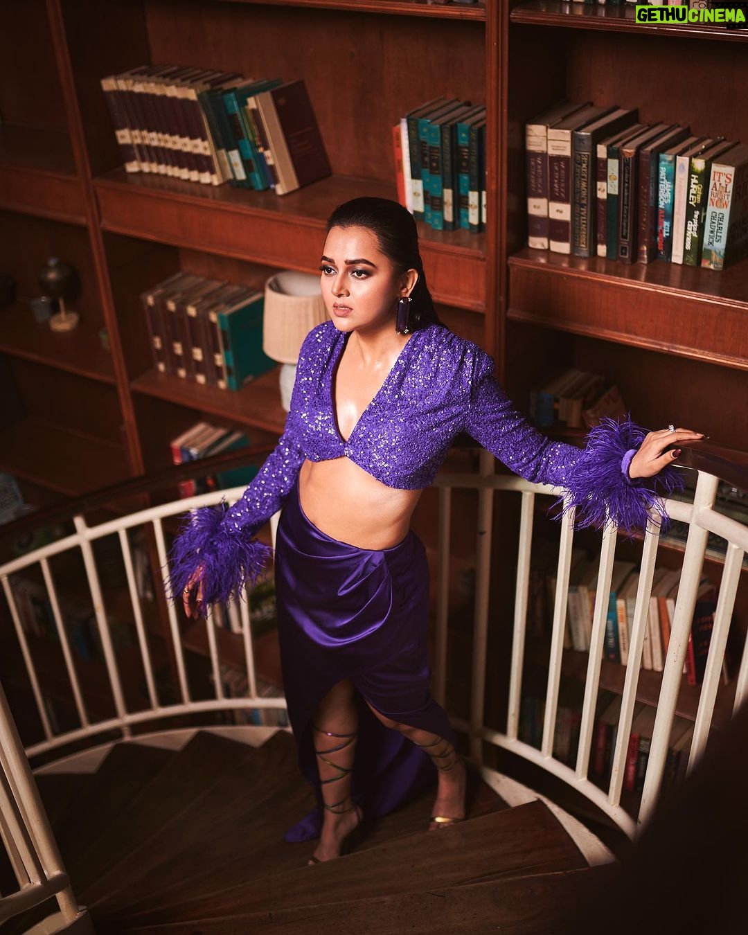 Tejasswi Prakash Instagram - Can’t stop stair-ing? Leave a 💜⬇️ . . . . . Styled by @natashaabothra With @mausmi_mitra_ @priyankaa.a_1 @bhavini.12 Outfit @labelmanikananda Jewelry @karishma.joolry Shoes @feeltwenty Hair styling- @go.glam.gauri 📸 @mirajverma_photography