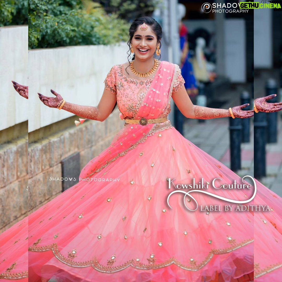 Tejaswini Gowda Instagram - @_tejaswini_gowda_official , the stunning celebrity, looked absolutely breathtaking on her reception day. She adorned herself in the exquisite Kowshiki Couture bridal collection, adding a touch of elegance and glamour to the occasion. Tejasi opted for a peach half saree with a dual-tone dupatta, creating a mesmerizing visual contrast. The heavy work on her lehenga added intricate details and made her ensemble even more exquisite. Tejasi radiated happiness as she posed in this gorgeous attire, capturing beautiful moments that will be cherished forever. Her choice of the Kowshiki Couture bridal collection truly showcased her impeccable taste and style. The combination of the peach half saree and the dual-tone dupatta complemented her complexion and brought out her natural beauty. With Tejasi Gowda's grace and charm, she undoubtedly made a lasting impression at her reception, leaving everyone in awe of her beauty and fashion sense.