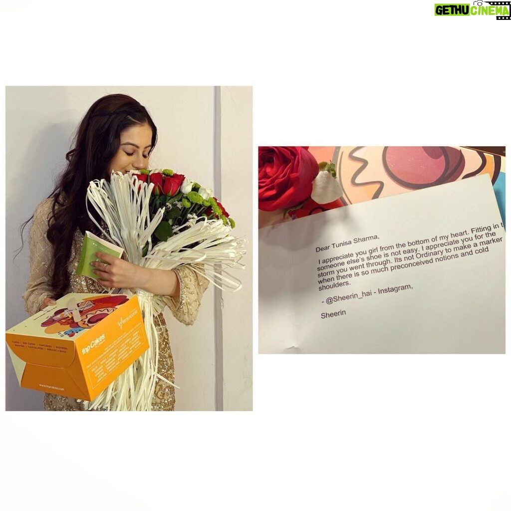 Tunisha Sharma Instagram - Some things make you smile, some make you laugh, while some just leave your heart so full of contentment that you can’t help but be grateful and count your blessings. This sweet gesture from @sheerin_hai filled my heart with joy, as well as left me thinking about how far I’ve come and the not-so-easy journey i had covered. I never talked about it much publicly or personally... “fitting in someone else’s shoe” was not at all a smooth journey. Some of you accepted me as Zara, while some didn’t, some appreciated me the way i am but some ought to criticism. Although the major portion were always the positive vibes i got, and for that i want to take a moment and thank each one of you for showing so much love and devoting your precious time to our show, expressing your opinion, whether good or bad, which helped the actor in me to become a better version of herself, or thank you for just reading this. Each fan, friend, family member, staff and co-actor, is really special and has contributed a great deal to my life. I’ll always be grateful for this feeling, for the blessings of almighty. And with this i promise to continue to entertain you and work as hard as i can.💪🏻 Thank You again!!! Yours- Zara❤
