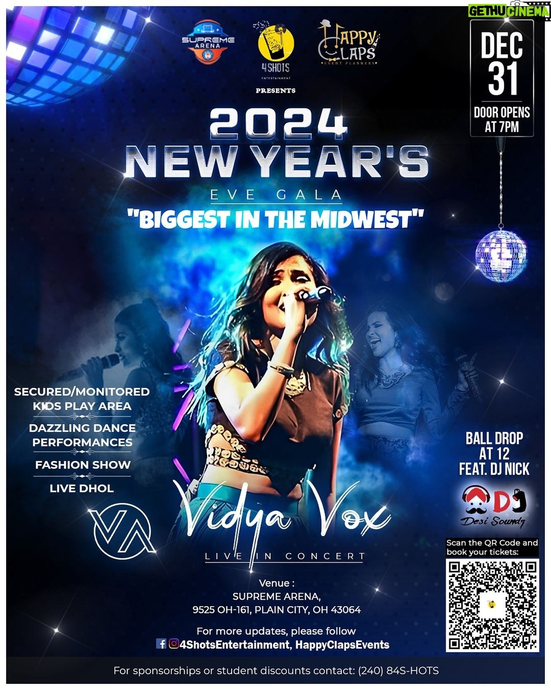 Vidya Vox Instagram - Columbus is THE place to be on Dec 31st!๐ฅ ๐Experience the Midwest's grandest affair. Vidya Vox is all set to make your New Year's Eve unforgettable with a showstopping Gala!๐ค๐ถ๐ฅ @vidyavox ๐Get ready for the evening of elegance with a mesmerizing fashion show ๐ , dazzling dance performances ๐๐ป, live dhol rhythms ๐ฅ, a breathtaking ball drop ๐ชฉ and a post-midnight DJ extravaganza that will keep you dancing into 2024! ๐ซ Grab your tickets now. Link in bio ๐๏ธ #4ShotsEntertainment #Happyclaps #VidyaVox #nye #2024 #614 #newyear #liveinconcert #countdown #nye2024 #gala #mashup #Columbus #Ohio #concert #dayton #cincinnati #desi #tamil #telugu #malayalam #kannada #columbusohio #live #newyearseve #fashionshow #dj #party #desiparty