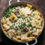 Adam Liaw Instagram – Tonight’s dinner. Paccheri con pancetta, piselli, parmagiano e pepe… alla panna. 

All the Ps. The bacon is homemade. Don’t judge me for the cream. ✌️