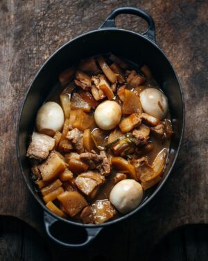 Adam Liaw Instagram - Tonight’s dinner. Nimono. Pork belly, daikon and eggs braised in soy sauce, sake and dashi with ginger and onion. Simple and delicious.