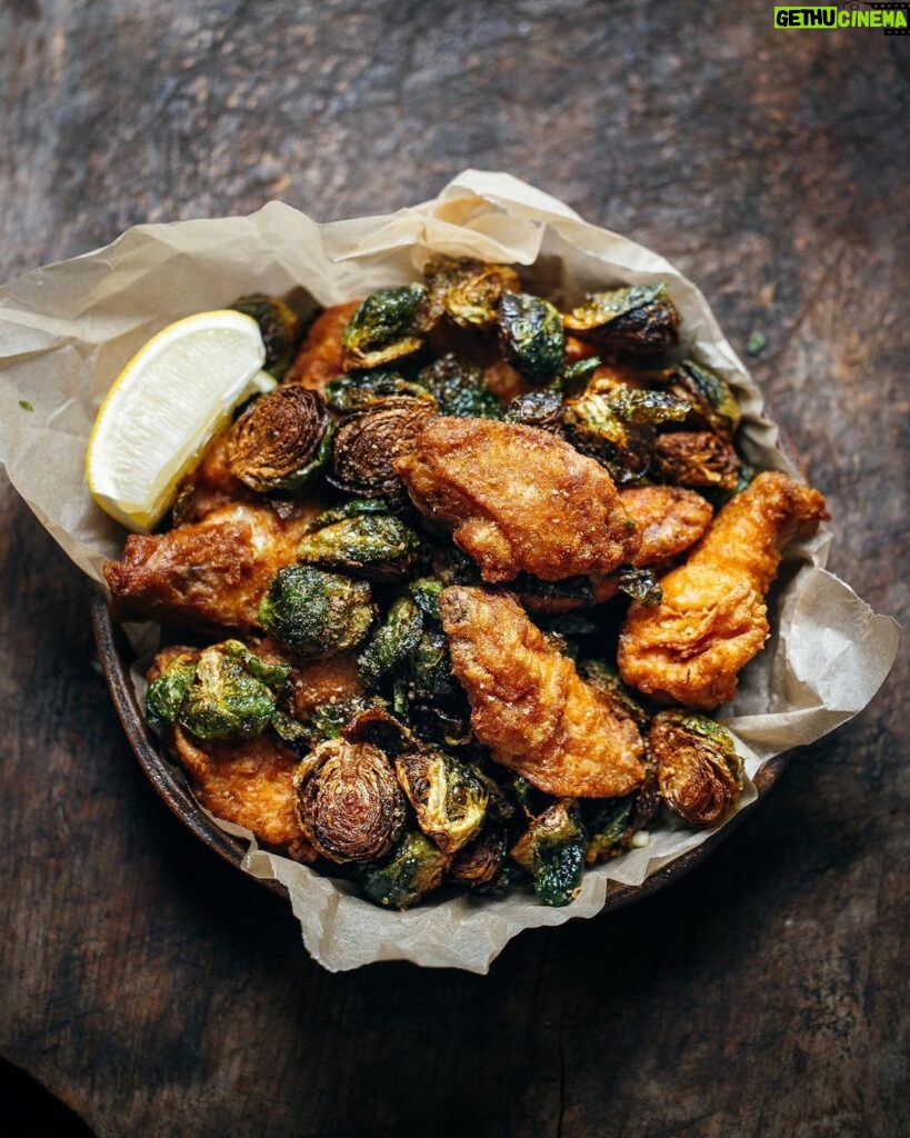 Adam Liaw Instagram - Tonight’s dinner. Fried garlic chicken wings and brussels sprouts. So good.