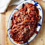 Adam Liaw Instagram – If you’re looking for Thursday night dinner inspo, you could do a lot worse than this tomato and red wine spaghetti from the Thursday Night Pasta chapter of 7 Days of Dinner. 

Spaghetti finished in a tomato and red wine base with crisp pancetta and a good amount of parmesan. A super quick dish with lots of flavour.