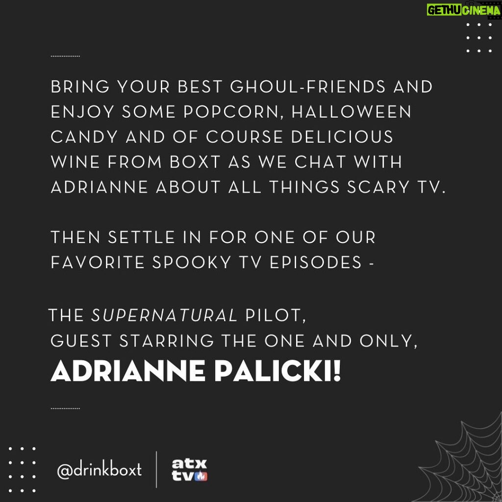 Adrianne Palicki Instagram - Hey Austin friends! Join @DrinkBoxt & I this Thursday for a fun conversation just in time for spooky season as we rewatch and reminisce on the first episode of #Supernatural! Tickets at the link in my bio 👻🥰 Austin, Texas