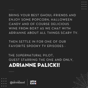 Adrianne Palicki Instagram - Hey Austin friends! Join @DrinkBoxt & I this Thursday for a fun conversation just in time for spooky season as we rewatch and reminisce on the first episode of #Supernatural! Tickets at the link in my bio 👻🥰