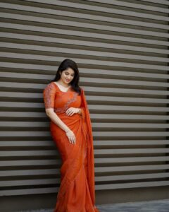 Aima Rosmy Sebastian Instagram - Capturing the autumn hues with saree - MAPLE🍁, a stunning saree with the artistic touch of @tazzels3 P.c - @midhun.mohan_ 📸 . . . . #festive #festivewear #festivalfashion #festiveseason #instafashion #instadaily #instagram #trend #trendy Dubai, United Arab Emirates