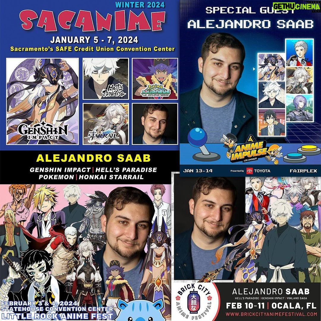 Alejandro Saab Instagram - 2024 Conventions are almost upon us!! Where will I See You? Well I’ll be at... Jan 5-7th SacAnime, CA Jan 13-14th Anime Impulse, LA CA Feb 2-3rd LittleRock Anime Fest, Little Rock AR Feb 10-11th Brick City Anime Festival, Ocala FL And more to come! #cyno #jingyuan #voice #voiceactor #convention #anime #gabimaru #akihiko #persona #honkai #genshin #genshinimpact #horimiya