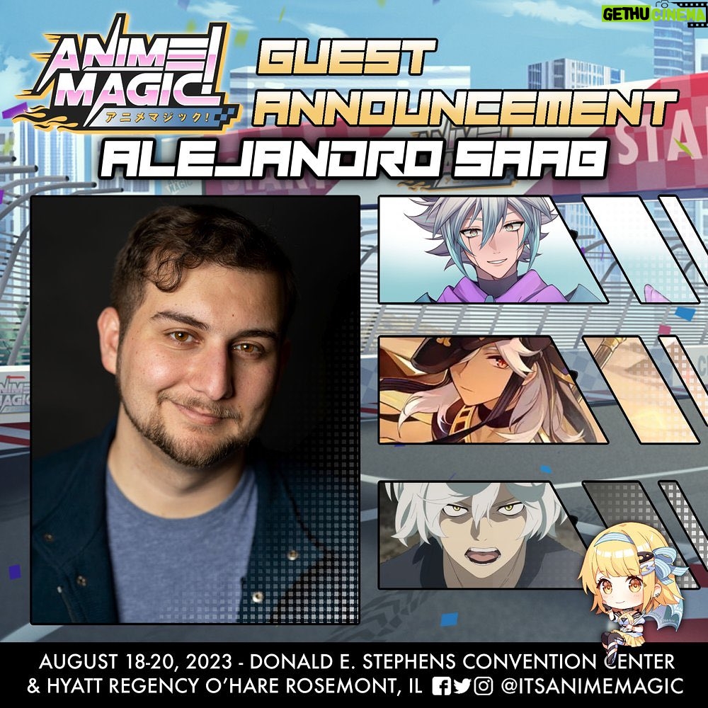Alejandro Saab Instagram - THIS WEEKEND! I'll be in Rosemont Illinois, CLOSE to Chicago, for @itsanimemagic at the HYATT REGENCY O’HARE & DONALD E STEPHENS CONVENTION CENTER!! A lot of cool folks will be there, and I'll be there all weekend!! Should be fun and can't wait to meet ya 😎 #cyno #jingyuan #honkai #genshinimpact #genshin #honkaidtarrail #voice #voiceactor