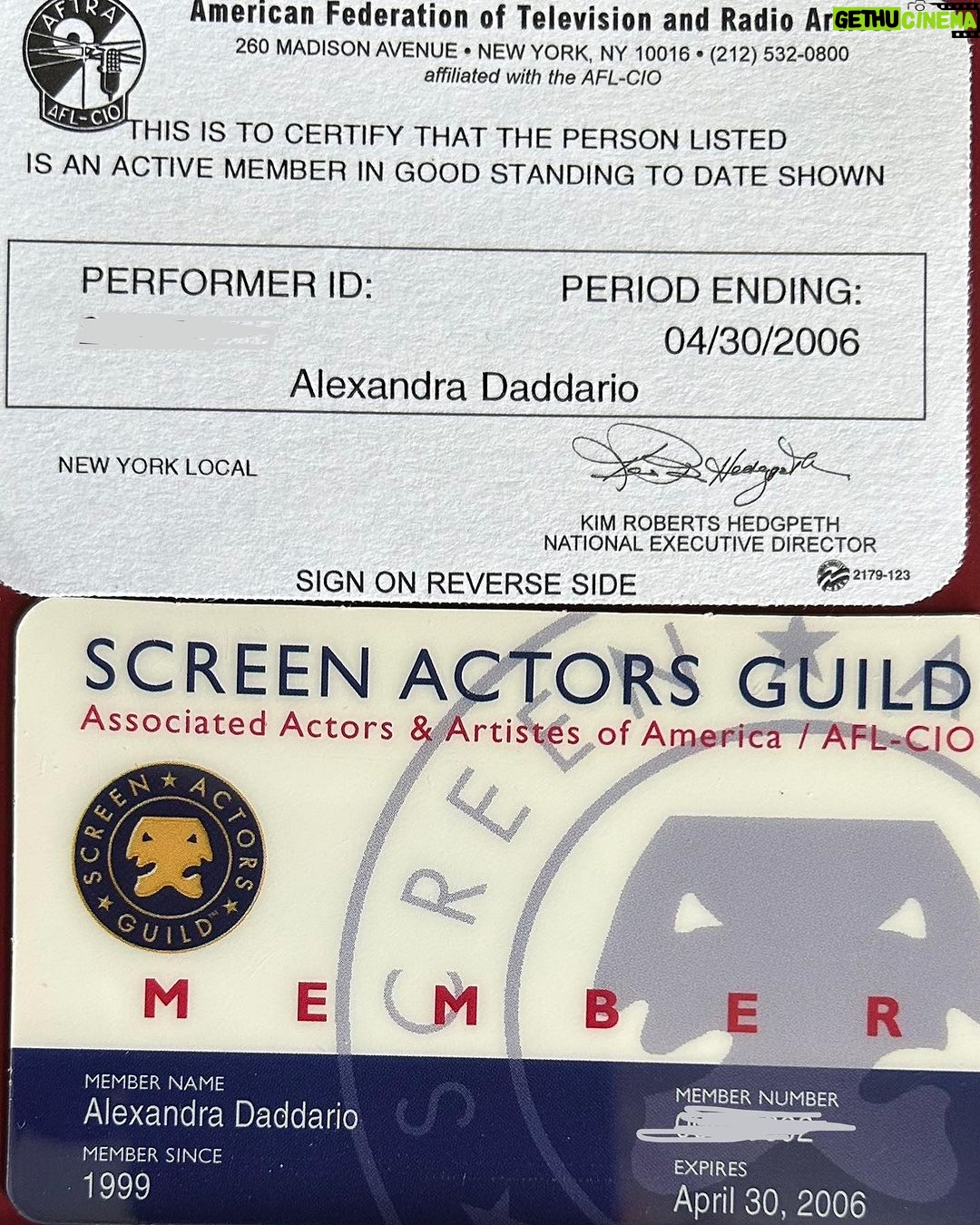Alexandra Daddario Instagram - 🪧, remembered I never get rid of anything. Found my union cards from before sag/aftra merged! Those residual checks always saved me when I lived in nyc. Grateful they were fought for. #sagaftra #sagaftrastrong