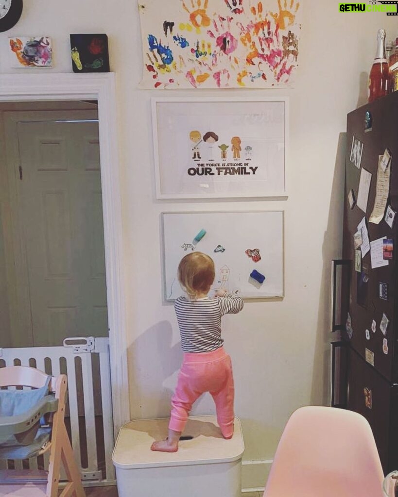 Ali Bastian Instagram - Toddler life. By Ali and Isla. Want to write something poetic about getting so upset about chalk that she cried out for Mummy milk and skin on skin. That although my milk supply is low and it is all coming to an end, she cried about it but seemed happier that we tried than me saying ‘later’ and then cuddled into me and fell asleep. That today, clothes are the enemy. That she has incredible moments of independence and bravery and will do crazy mountain goat kitchen climbing. That she loves drawing and is our very own Banksy. That she doesn’t want to hold my hand when we are out walking and is settling well into nursery and that she wants to sleep on me and feed at 10pm, 12am, 2am, 4am and 6am. That I’m so completely in love and I feel like I have concussion from sleep deprivation. That I want the world for her and want to keep her safe in a bubble. Not very poetic as I’m tired today but a little window into our perfectly imperfect world 💜