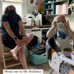 Ali Bastian Instagram - Walked in on my husband hosting a zoom editing meeting for his film with Isla on his lap the other day - not an unusual scene in our house! She often perches on his desk drawing on his white board whilst he is working and he NEVER apologises to people he is working for it… because this is the way life is and this is how we get s**t done! We love you @davidcomahony ❤️ The juggle of two freelance, creative parents is real!! I couldn’t do it without my partner in crime.