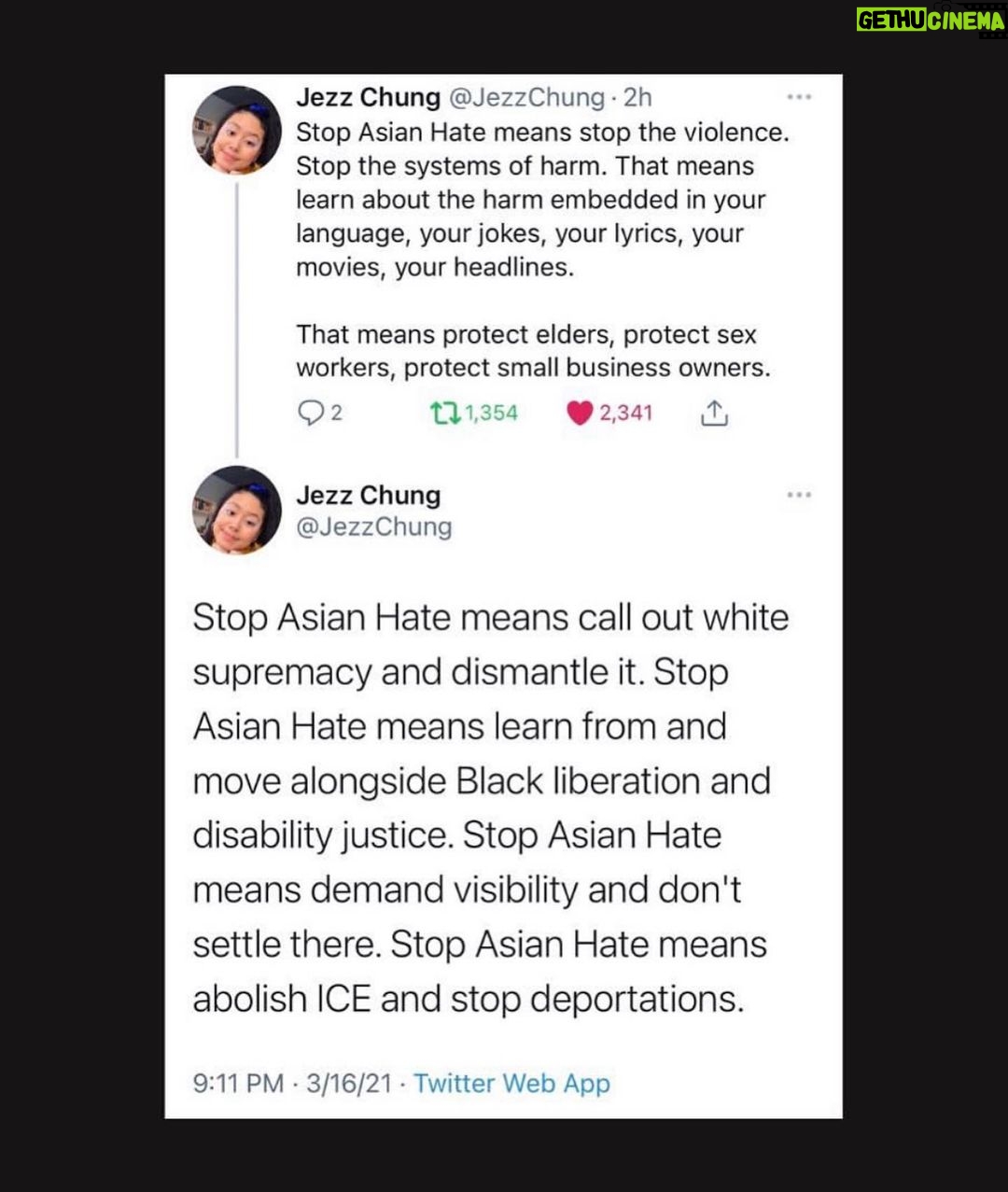 Alice Lee - 2.1K Likes - I’ve been trying to find the right words, but honestly it’s been really hard. I’ve been processing and grieving. Crying at random times. There are so many parts of this that sadden me, anger me.
Asian women, immigrant women, were killed by a white supremacist. Four of them were Korean. The police and media humanized the white supremacist murderer while getting the names of the victims wrong. Racism. Misogyny. Xenophobia. Gun violence. A history of violent white colonialism in Asian countries. A history of violent discrimination against Asians in America. Years of micro-aggressions and “jokes” and not feeling represented or understood in society, in my workplaces, among “friends”. Feeling guilt and shame for having wanted to assimilate in the past. Witnessing a rise in anti-Asian hate crimes since the pandemic. My parents telling me to be careful and to not walk alone because of the climate out there and of course me breaking down because I’m also just worried about them. It’s so much to hold and my heart breaks for my community.
This was an extreme act of violence that once again shows how white supremacy is held up by this country’s policing and media coverage. But there are small acts of violence happening all around us - And for me, they happen most frequently in my liberal space by liberal pple. I urge you to look inside and reflect.
Standing in solidarity with the Black and Indigenous community and with all communities of color who are constantly told by the Western world that we are not worthy or enough. WE FUCKING ARE.
Sending love to my community and to the families of the victims. Link in bio for resources to help and donate. #stopasianhate