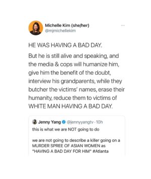 Alice Lee Instagram - I’ve been trying to find the right words, but honestly it’s been really hard. I’ve been processing and grieving. Crying at random times. There are so many parts of this that sadden me, anger me. 

Asian women, immigrant women, were killed by a white supremacist. Four of them were Korean. The police and media humanized the white supremacist murderer while getting the names of the victims wrong. Racism. Misogyny. Xenophobia. Gun violence. A history of violent white colonialism in Asian countries. A history of violent discrimination against Asians in America. Years of micro-aggressions and “jokes” and not feeling represented or understood in society, in my workplaces, among “friends”. Feeling guilt and shame for having wanted to assimilate in the past. Witnessing a rise in anti-Asian hate crimes since the pandemic. My parents telling me to be careful and to not walk alone because of the climate out there and of course me breaking down because I’m also just worried about them. It’s so much to hold and my heart breaks for my community.

This was an extreme act of violence that once again shows how white supremacy is held up by this country’s policing and media coverage. But there are small acts of violence happening all around us - And for me, they happen most frequently in my liberal space by liberal pple. I urge you to look inside and reflect.

Standing in solidarity with the Black and Indigenous community and with all communities of color who are constantly told by the Western world that we are not worthy or enough. WE FUCKING ARE. 

Sending love to my community and to the families of the victims. Link in bio for resources to help and donate. #stopasianhate