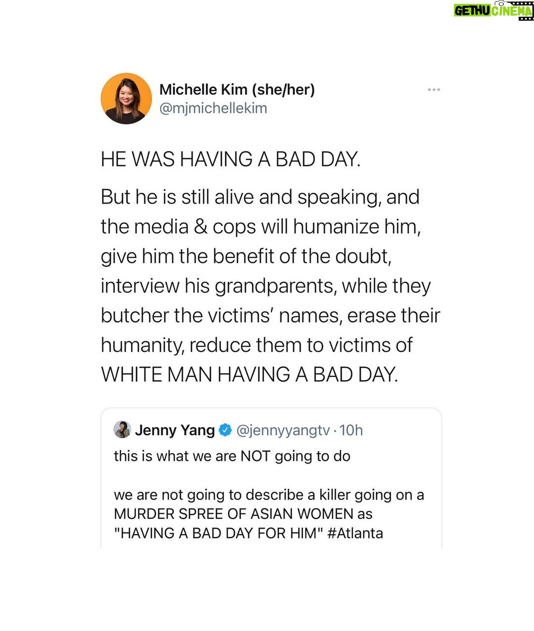 Alice Lee - 2.1K Likes - I’ve been trying to find the right words, but honestly it’s been really hard. I’ve been processing and grieving. Crying at random times. There are so many parts of this that sadden me, anger me.
Asian women, immigrant women, were killed by a white supremacist. Four of them were Korean. The police and media humanized the white supremacist murderer while getting the names of the victims wrong. Racism. Misogyny. Xenophobia. Gun violence. A history of violent white colonialism in Asian countries. A history of violent discrimination against Asians in America. Years of micro-aggressions and “jokes” and not feeling represented or understood in society, in my workplaces, among “friends”. Feeling guilt and shame for having wanted to assimilate in the past. Witnessing a rise in anti-Asian hate crimes since the pandemic. My parents telling me to be careful and to not walk alone because of the climate out there and of course me breaking down because I’m also just worried about them. It’s so much to hold and my heart breaks for my community.
This was an extreme act of violence that once again shows how white supremacy is held up by this country’s policing and media coverage. But there are small acts of violence happening all around us - And for me, they happen most frequently in my liberal space by liberal pple. I urge you to look inside and reflect.
Standing in solidarity with the Black and Indigenous community and with all communities of color who are constantly told by the Western world that we are not worthy or enough. WE FUCKING ARE.
Sending love to my community and to the families of the victims. Link in bio for resources to help and donate. #stopasianhate