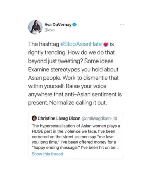 Alice Lee Instagram - I’ve been trying to find the right words, but honestly it’s been really hard. I’ve been processing and grieving. Crying at random times. There are so many parts of this that sadden me, anger me. 

Asian women, immigrant women, were killed by a white supremacist. Four of them were Korean. The police and media humanized the white supremacist murderer while getting the names of the victims wrong. Racism. Misogyny. Xenophobia. Gun violence. A history of violent white colonialism in Asian countries. A history of violent discrimination against Asians in America. Years of micro-aggressions and “jokes” and not feeling represented or understood in society, in my workplaces, among “friends”. Feeling guilt and shame for having wanted to assimilate in the past. Witnessing a rise in anti-Asian hate crimes since the pandemic. My parents telling me to be careful and to not walk alone because of the climate out there and of course me breaking down because I’m also just worried about them. It’s so much to hold and my heart breaks for my community.

This was an extreme act of violence that once again shows how white supremacy is held up by this country’s policing and media coverage. But there are small acts of violence happening all around us - And for me, they happen most frequently in my liberal space by liberal pple. I urge you to look inside and reflect.

Standing in solidarity with the Black and Indigenous community and with all communities of color who are constantly told by the Western world that we are not worthy or enough. WE FUCKING ARE. 

Sending love to my community and to the families of the victims. Link in bio for resources to help and donate. #stopasianhate