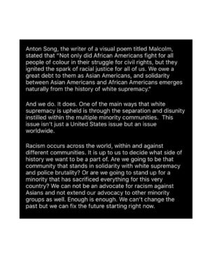 Alice Lee Instagram - I had been complicit as well. I HAD been silent. I wanted to be the model minority. I had benefited from being a model minority. I had been a part of the problem, even if it was subconsciously. Wanting to assimilate to whiteness had been systemically so ingrained in me that I was unable to see I was also perpetuating anti-blackness. I don’t have all the words, so I’ve collected the sources above.

We need to have uncomfortable conversations with others, but I think we also need to have uncomfortable conversations with ourselves.

We need to look inside and see what part we have had in this, strive to be better and take action.

#blacklivesmatter #asians4blacklives