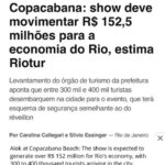 Alok Instagram - Obrigado Deus! Obrigado à todos que, mesmo na chuva intensa, compareceram. Obrigado também ao time de produção, que fez a mágica acontecer no show mais incrível da minha carreira. Agradecimento especial a quem acompanhou de casa. Ainda tentando entender o que aconteceu. Gostaria de agradecer as forças de segurança do estado do Rio de janeiro (PM e PC), além dos servidores Municipais (guardas e agentes de trânsito) pelo incansável empenho antes, durante e depois da realização do evento. Apesar das adversidades, vcs fizeram a diferença permitindo que o evento acontecesse da melhor maneira. Show completo no Globoplay. Still trying to understand what happened last night. I would like to congratulate my team for all the effort and dedication to make the show happen. Even with rain, the show can’t stop! Love you all! Alok at Copacabana Beach: The show is expected to generate over R$ 152 million for Rio's economy, with 300 to 400 thousand tourists arriving in the city, according to the city's tourism department. Obrigado aos patrocinadores e parceiros: @gwmbrasil @vivo diamond_cars_rj @agorainvestimentos @esportesdasorte @cervejablackprincess @tntenergydrink @johnnywalkerbr @diageobr @rabane @louisvouitton @2wecobank @agenciasercom @belmondcopacabanapalace @tvglobo @globoplay @multishow @mixriofm @radio.globo @sececrj @govrj @turismorj @prefeitura_rio Copacabana Palace, A Belmond Hotel