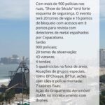 Alok Instagram - Deslize a tela para + infos 👉🏼 With over 900 police officers on the streets, Alok's "Show of the Century" will have a strong security setup with 20 watchtowers and 16 checkpoint areas for bag checks with metal detectors spread across Copacabana. There will be: 900 police officers; 20 observation towers; 43 vehicles; 4 tents and 5 all-terrain vehicles on the sand strip; Special group performances, such as BPChoque, BPTur, actions with dogs, and mounted police; 7 fixed cabins; Aerial Mobile Group (GAM) action in monitoring with drones. Idealizado e produzido por SRCOM, o “Show do Século” (em comemoração aos 100 anos do @belmondcopacabanapalace e aniversário do Alok) é apresentado pela @gwmbrasil e conta com o patrocínio de Ágora Investimentos, Vivo, Diamond Cars e Secretaria de Cultura e Economia Criativa do Estado do Rio de Janeiro, através da Lei Estadual de Incentivo à Cultura. Apoio institucional de Copacabana Palace A Belmond Hotel, RioTur, Prefeitura do Rio, TurisRio e Secretaria de Estado de Turismo do Rio de Janeiro. A 2W Ecobank é a parceira de sustentabilidade e as rádios oficiais do evento são Mix Rio FM e Rádio Globo 98,1 FM. O esquema de segurança será semelhante ao do réveillon do Rio de Janeiro. 26 de agosto, das 20 às 22 horas na praia de Copacabana. Transmissão ao vivo pelo @globoplay e @multishow, com melhores momentos na @tvglobo após Jungle Fight. Vídeos: @lucianoalma @eusilvialeticiamakeup @jose_bouzon.rio @jacksonbraga1 @danicr10 @f.ferreira__ @stefanoguidaperdigao Obs.: Apenas a primeira imagem em português é do Jornal Extra. A segunda imagem foi produzida com informações oficiais dos órgãos de segurança pública. Copacabana, Rio de Janeiro