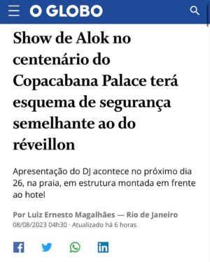 Alok Instagram - DIA 26 DE AGOSTO, GRATUITAMENTE, EM COPACABANA! 

Uma pirâmide gigante de quase 30 metros de altura e centenas de painéis de LED interagindo com lasers e luzes como você nunca viu! Ainda teremos um show de drones, uma bateria com 120 integrantes das 12 escolas de samba do grupo especial e um encerramento emocionante com a queima de fogos! Queria contar tudo, mas não posso. 😄 Espero vocês no dia 26 de agosto, às 20 horas no SHOW DO SÉCULO em Copacabana, no Rio de Janeiro! 
EVENTO GRATUITO. #100anosdocopa 

E quem não puder ir, poderá acompanhar ao vivo pelo @multishow e @globoplay! 

A massive pyramid nearly 30 meters tall and hundreds of LED panels interacting with lasers and lights like you've never seen before! We'll also have a drone show, samba, and a heartwarming finale with fireworks. I'd love to tell you all the details, but I can't. So, see you on August 26th at the SHOW OF THE CENTURY on Copacabana Beach, in Rio de Janeiro, Brazil.

📸: @alissondmphoto 
🎥: @jao.storch

Idealizado e produzido pela SRCOM, o Show do Século é apresentado pela GWM Brasil com o patrocínio de Ágora Investimentos, Diamond Cars e Vivo.
Apoio institucional de Copacabana Palace, A Belmond Hotel, RioTur, Prefeitura do Rio, TurisRio e Secretaria de Estado de Turismo do Rio de Janeiro.
A 2W Ecobank é a parceira de sustentabilidade e as rádios oficiais do evento são Mix Rio FM e Rádio Globo 98,1 FM.

Transmissão oficial: TV Globo, Multishow e Globoplay