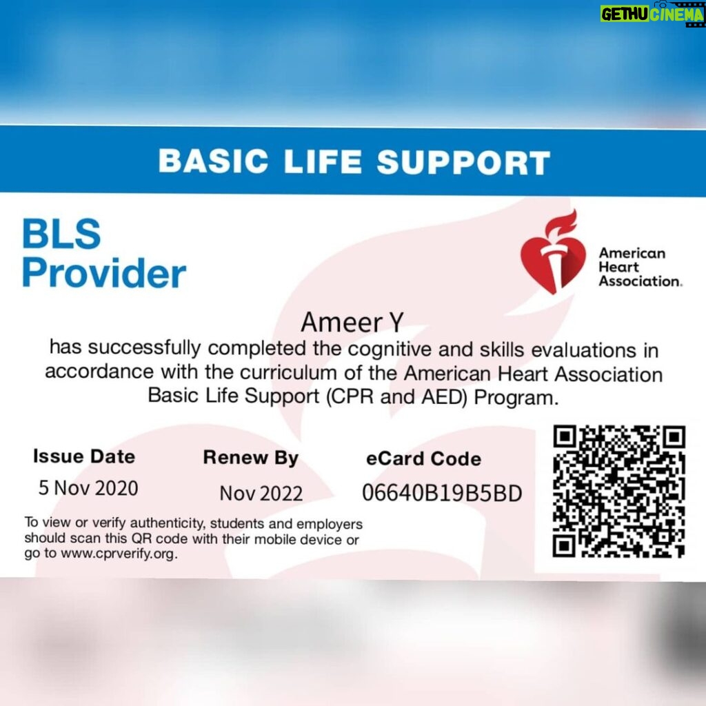 Ameer Vayalar Instagram - Yet another achievement in the series of International certification. With God's grace I have successfully completed the Basic Life support course by the American Heart Association, USA 🇺🇸🇺🇸 @american_heart @american_heart @trainer.sandy @aswin_soman #americanheartassociation #ameervayalar