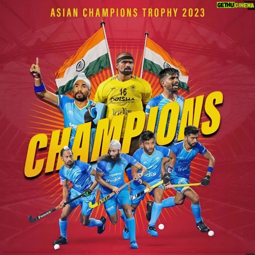 Ameer Vayalar Instagram - Congratulations to our phenomenal Men's Hockey Team on clinching the Asian Championship title. Your unwavering dedication, rigorous training and remarkable determination have brought immense pride to our country. This 4th triumph truly showcases the spirit of Team India. Best wishes for your future endeavors! #TeamIndia #HockeyIndia #Congratulations #indianteam #ProudMoment #india #MensHockeyTeam #AsianChampions #ProudNation