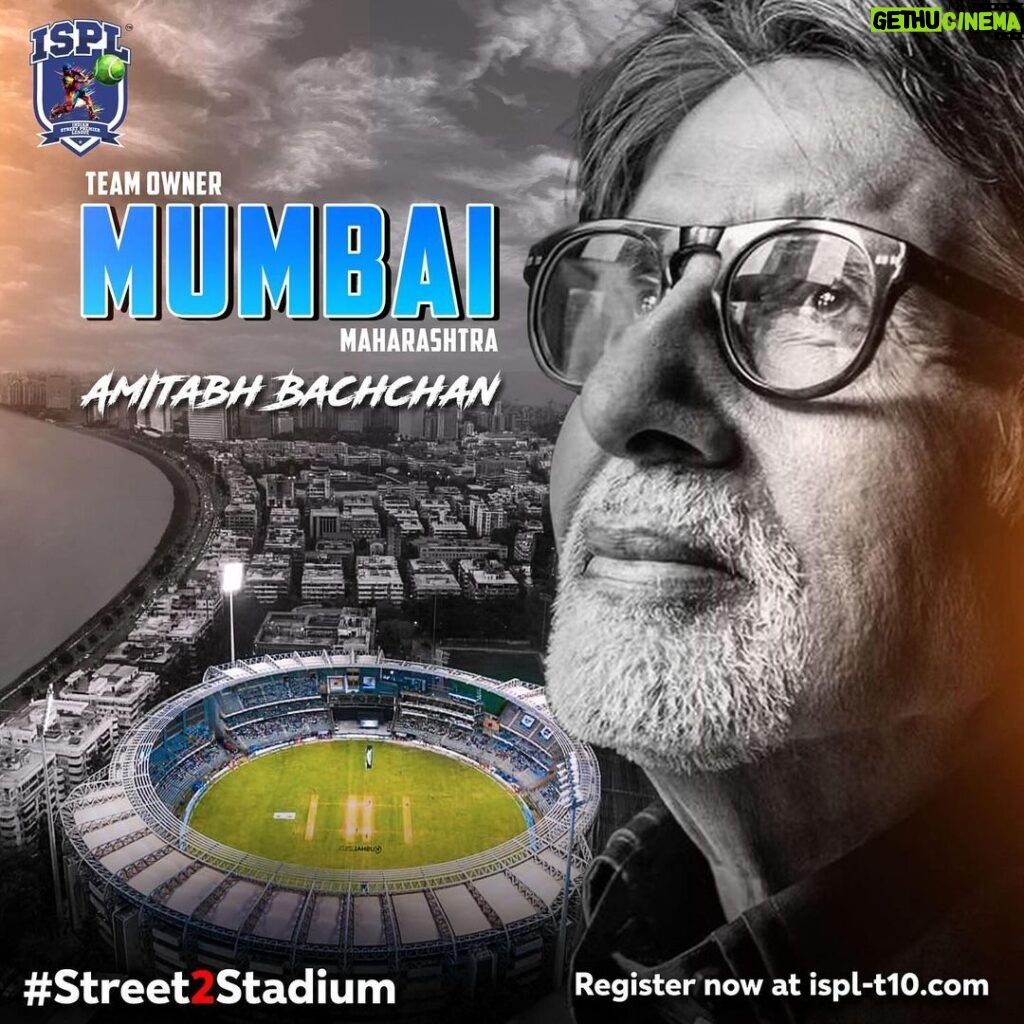 Amitabh Bachchan Instagram - What an exciting and most noble, filled with courage and care, concept, the initiation of the ISPL - the Street Premier league ! An opportunity for them that exhibited their capacity on the streets, gullies and make shift home made pitches to play cricket , now to get selected for a team professionally and exhibit their talent in formal setups before the millions the world over ! For me an honour and a privilege to be with Mumbai as Team Owner, and to be privy to the surge of talent erupt , for a grand visionary future .. इस पहल की चहल , ज़िंदाबाद जय हो ! जय हिन्द 🇮🇳 REGISTER NOW at ispl-t10.com. #GameChanger #TeamMumbai #NewT10Era #EvoluT10n #Street2Stadium @amol_kale76 @advocateashishshelar @surajsamat @ravishastriofficial