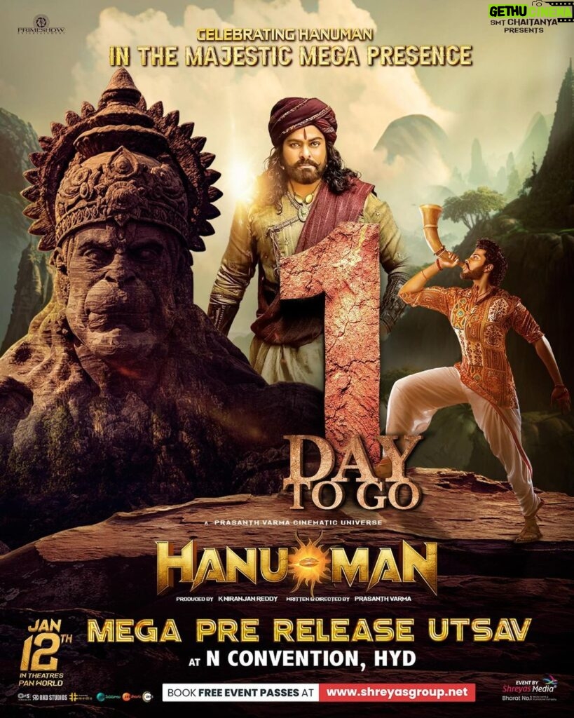 Amritha Aiyer Instagram - Only 1⃣ day until the grand spectacle unfolds! Join us for the Mega Pre-Release Utsav of #Hanuman and be part of the magic.🐒🤩 Mega 🌟 @KChiruTweets garu gracing as Chief Guest ❤‍🔥 🗓 Jan 7th @ 6⃣ PM. 📍N Convention, Hyd. Book Event Passes Here: 🎟https://shreyas.media/h #HANUMAN In WW Cinemas from JAN 12, 2024 🔥 @PrasanthVarma @tejasajja123 @Niran_Reddy @Actor_Amritha @varusarath5 @VinayRai1809 @GowrahariK @Chaitanyaniran @AsrinReddy @Primeshowtweets @tipsofficial @tipsmusicsouth @ThePVCU @RKDStudios @shreyasgroup