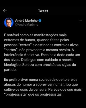 André Marinho Instagram - 🤣🚫⚠️ O AUTORITARISMO DETESTA O RISO! Minha reflexão sobre a censura prévia imposta pelo Ministério Público ao @leolins e a atual perseguição aos humoristas Brasil e mundo afora. Concordam? Discordam? Comente aqui a sua opinião e vamos conversar sobre o tema do dia! Seguimos juntos 🤝🚀