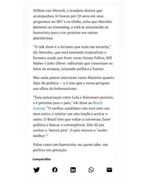 André Marinho Instagram - 🇧🇷🗞💬 Tô no @braziljournal ! Grande honra ter um pouco da minha história contada por essa publicação que tanto respeito e admiro. Minha visão e projetos apresentados por Geraldo Samor, referência no jornalismo político e econômico. Espero que vocês curtam a leitura. Bom domingão a todos! Seguimos juntos! 📈👊🏼