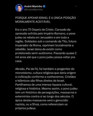 André Marinho Instagram - 🇮🇱 Meu apoio irrestrito ao povo de #Israel após a declaração de guerra perpetrada pelos macabros terroristas do Hamas. Shalom 🙏🏻